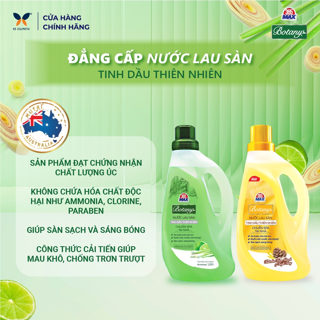 Nước Lau Sàn 365 MAX BOTANY Tinh Dầu Thiên Nhiên 1.25L - Sàn nhà sạch bóng và an toàn, chống côn trùng