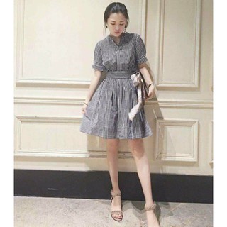Đầm Váy caro cổ trụ bo eo (kèm hình thật)
