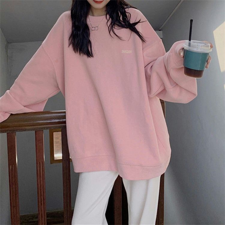Áo sweater tay dài dáng rộng màu trơn phong cách Hàn Quốc dễ phối đồ