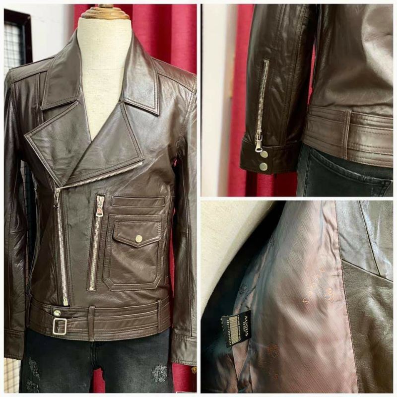 Áo biker vạt chéo da bò