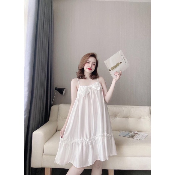 Đầm ngủ 2 dây nơ ngực tiểu thư chất lụa satin