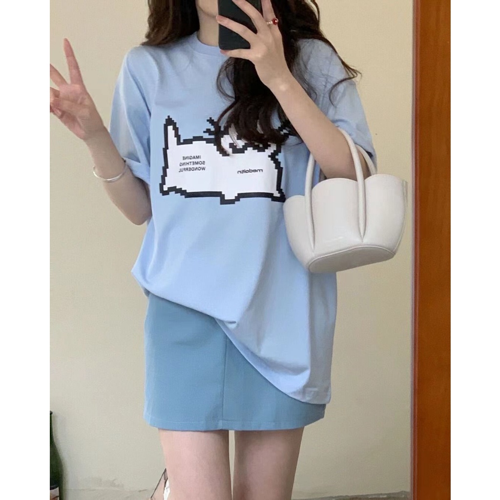 Áo Thun Tay Ngắn Cổ Tròn Dáng Rộng Vải Cotton In Họa Tiết Hoạt Hình Thời Trang Mùa Hè Cho Nữ