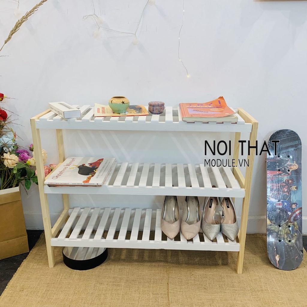 Kệ gỗ đa năng derco phòng ngủ, phòng khách 3 tầng mầu trắng kết hợp gỗ