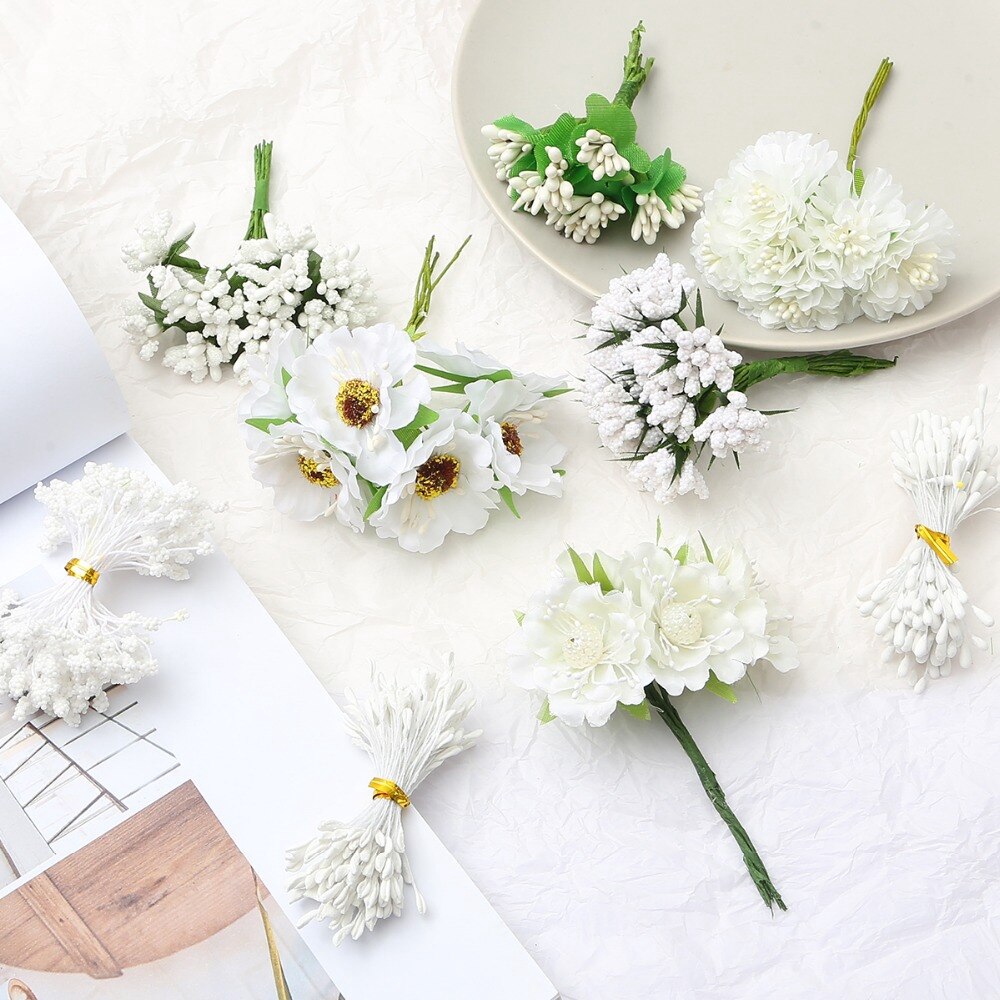 Bó hoa giả nhiều mẫu tùy chọn màu trắng trang trí bánh kem cưới vòng hoa hộp quà DIY
