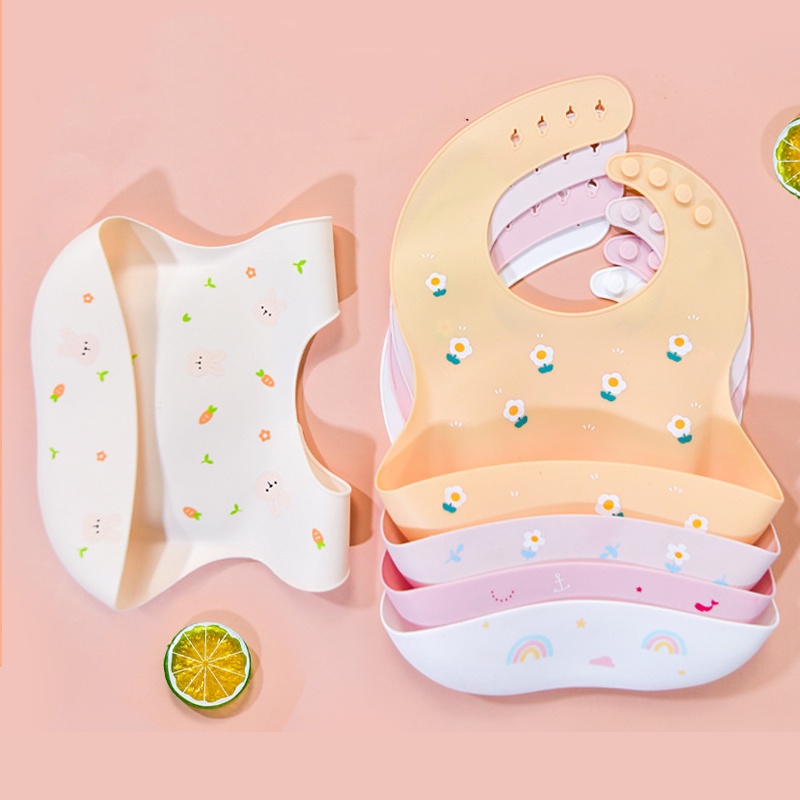 Yếm ăn silicone dẻo chống thấm nước in họa tiết hoạt hình nhiều mẫu tùy chọn điều chỉnh được dành cho trẻ sơ sinh