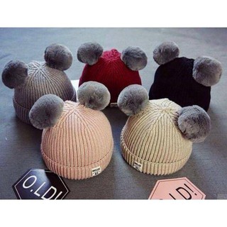Mũ len 2 quả cầu bông cho bé