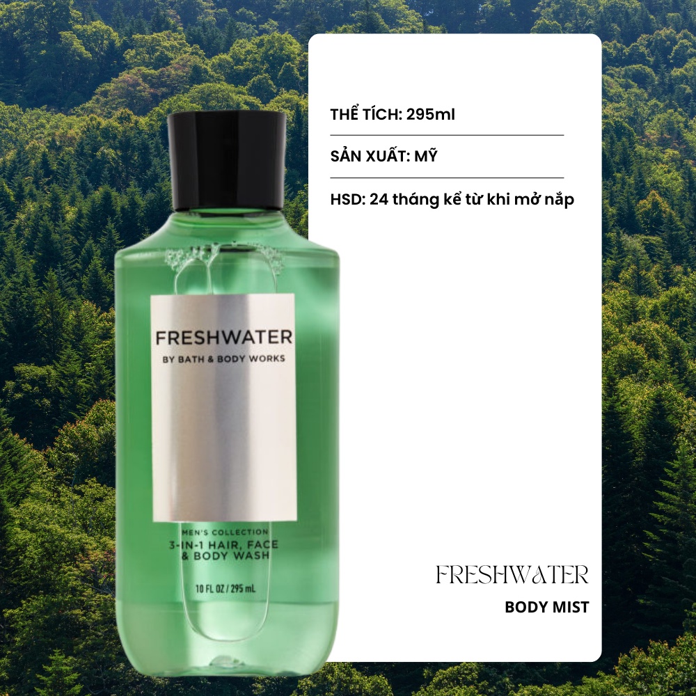 3in1 Sữa Tắm Gội Toàn Thân Bath & Body Works Freshwater Hair, Face & Body Wash Cho Nam 295ml
