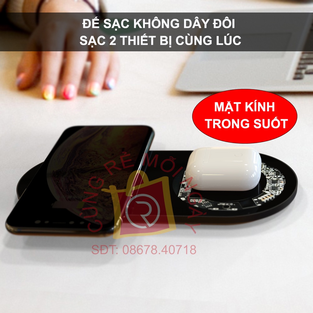 Đế sạc không dây đôi trong suốt, dock sạc nhanh 15W cho iPhone, Android, sạc được  cùng lúc 2 thiết bị