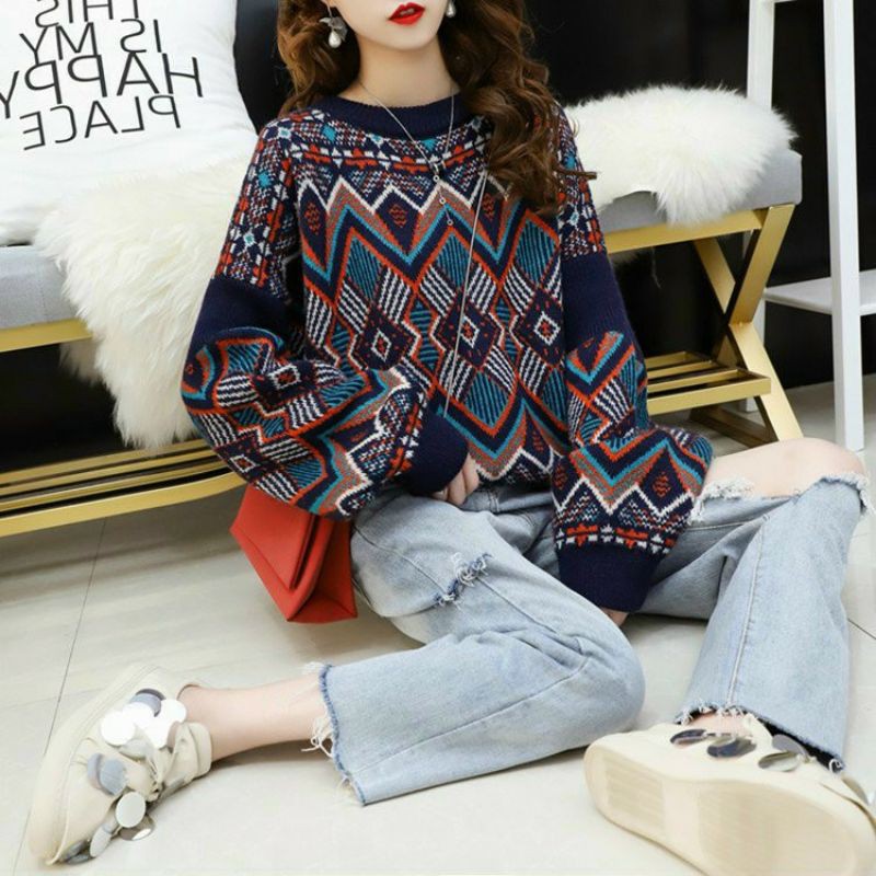 Hàng nhập - Áo len nữ form rộng hoa văn thổ cẩm, áo kiểu thu đông bohemian