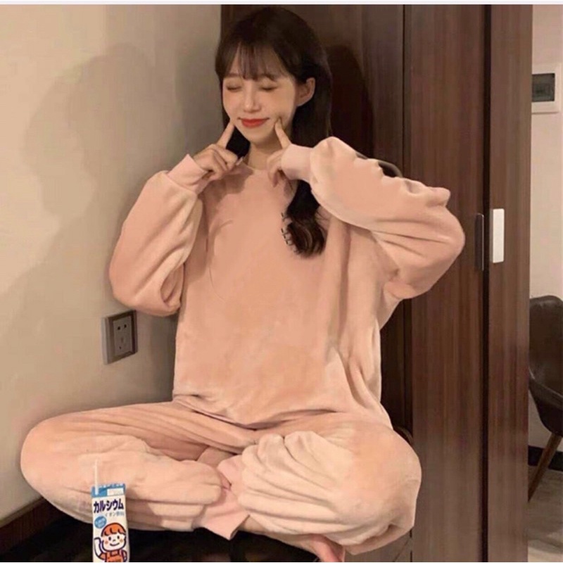 Set Bộ Ngủ Nỉ Trơn Nữ  🌸 Bộ đồ mùa đông quần ống boom áo sweater form rộng tay bồng, nỉ bông oversize Ulzzang🌸