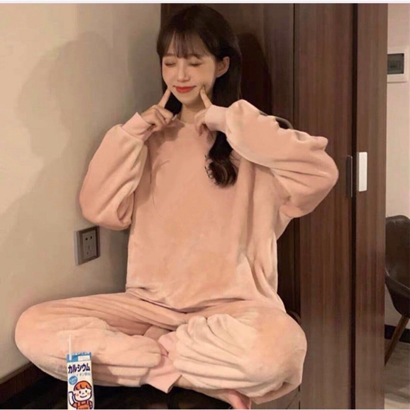 Set Bộ Ngủ Nỉ Trơn Nữ [FREESHIP] 🌸 Bộ đồ mùa đông quần ống boom áo sweater form rộng tay bồng, nỉ bông oversize Ulzzang🌸 | BigBuy360 - bigbuy360.vn