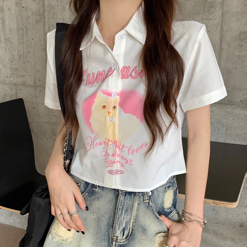 【ZHELIHANGFEI】Áo Sơ Mi Tay Ngắn Cổ POLO Lưng Cao Họa Tiết In Theo Phong Cách Preppy Dễ Phối Đồ