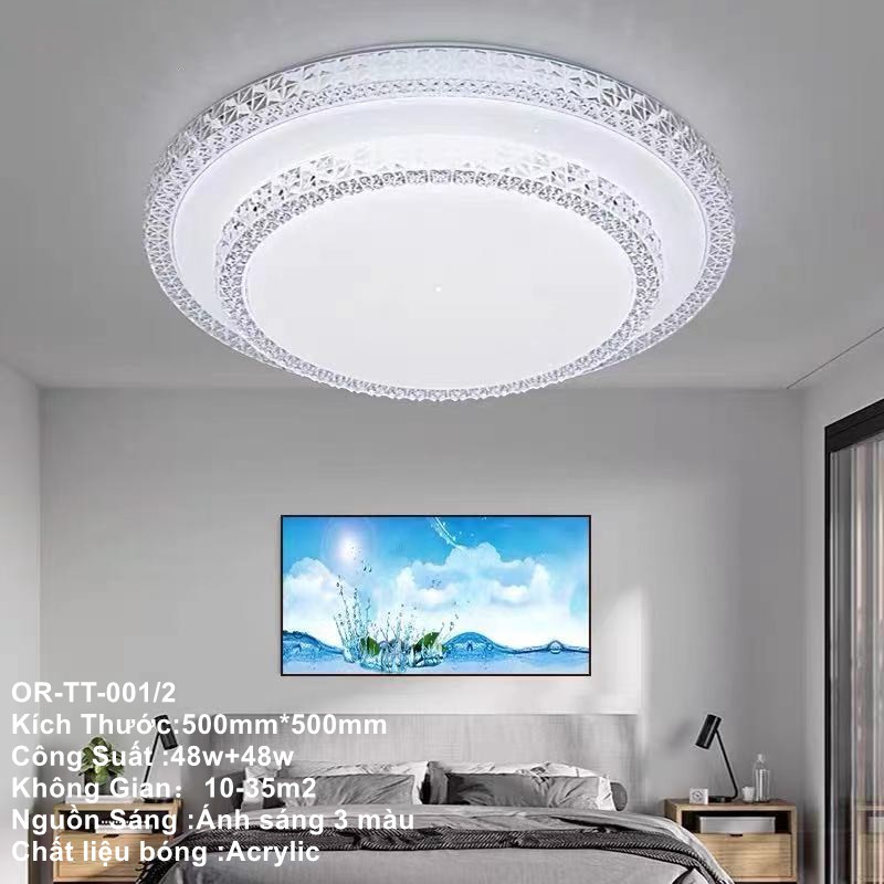 Đèn led ốp trần 3 màu tròn viền kép trang trí phòng khách phòng ngủ. Kích thước: 500mm ,Công suất: 48w+48w