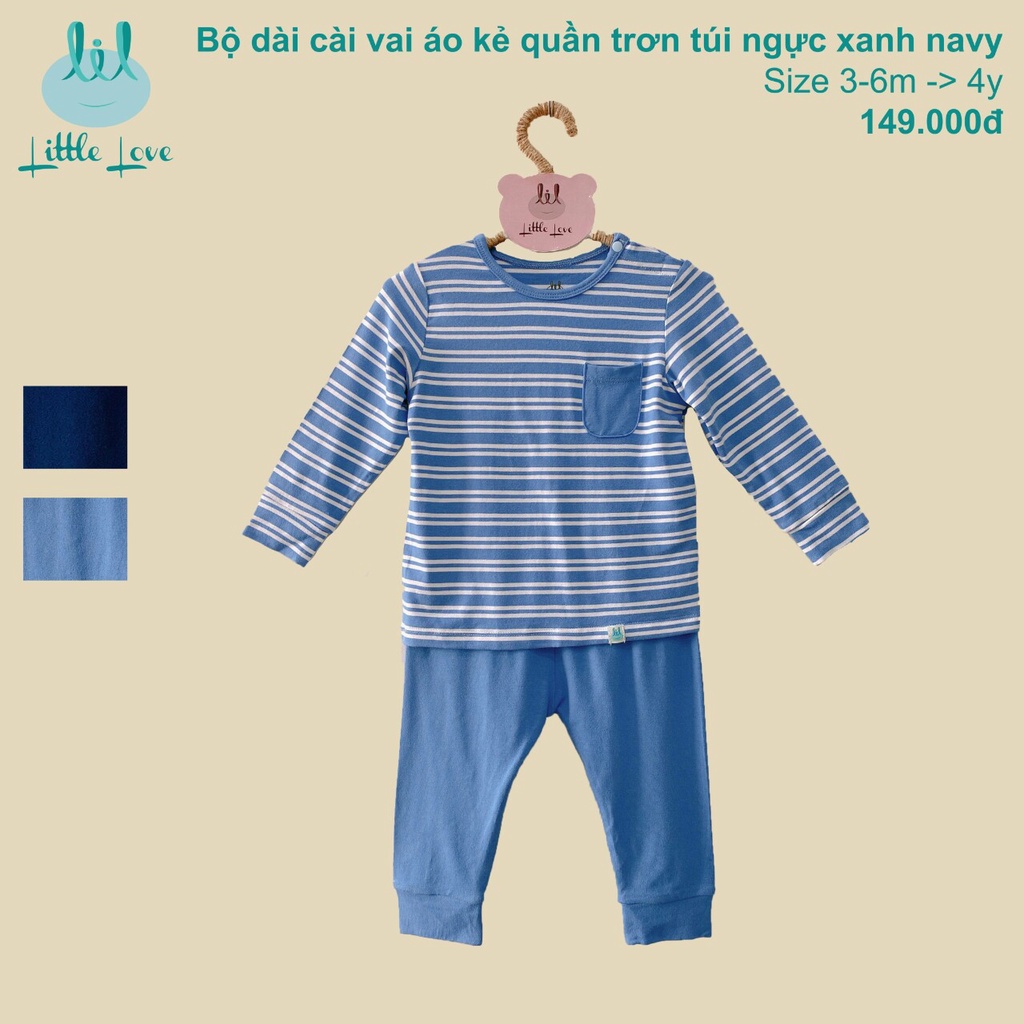 Bộ quần áo dài tay cài vai áo kẻ quần trơn túi ngực cho bé từ 3m đến 4y little love