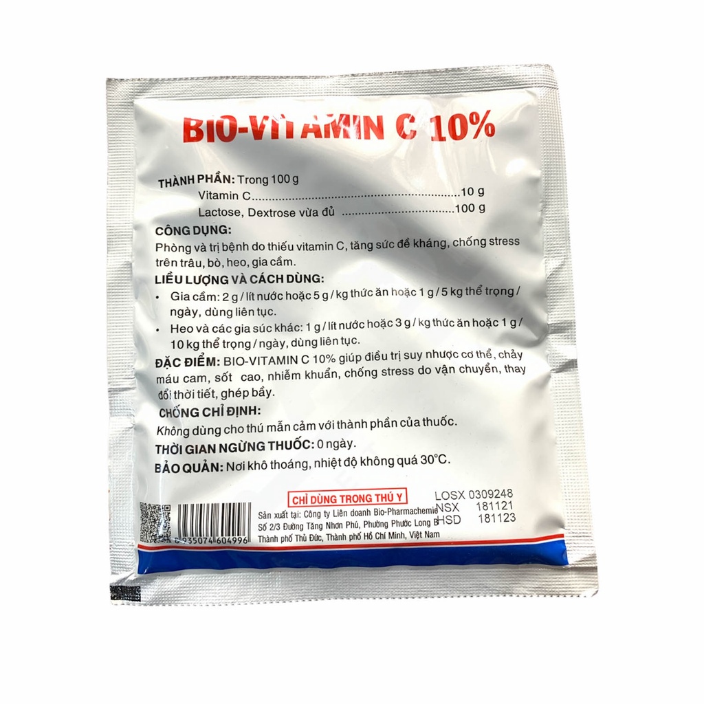 Bio Vitamin C 10% Nâng Cao Đề Kháng,Giảm Stress, Chống Suy Nhược Cho Bò, Heo, Gà, Vịt,...