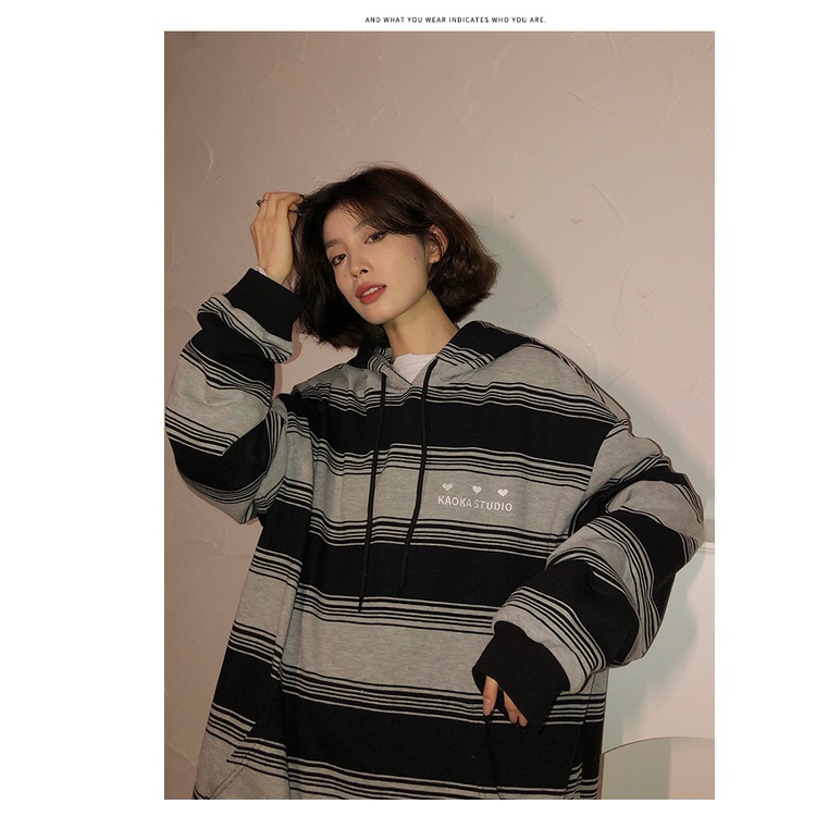 Áo Hoodie Tay Dài Dáng Rộng Họa Tiết Kẻ Sọc Thời Trang Mùa Thu Hàn Quốc Mới