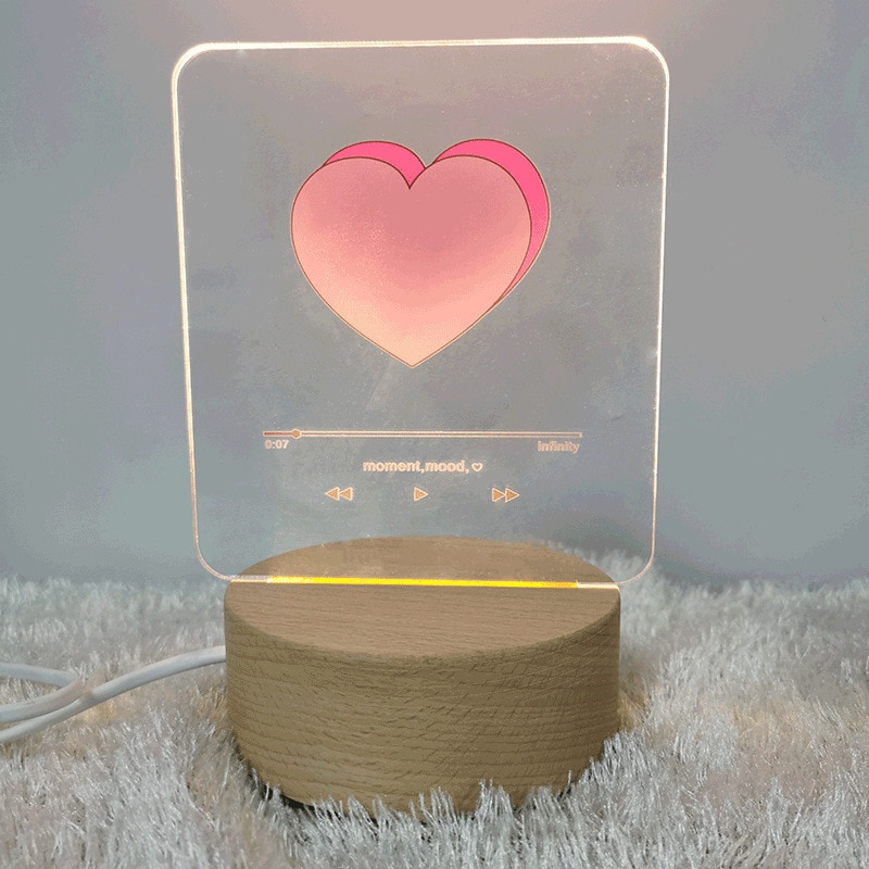 INS Heart Player 3D Night Light Romantic Creative Bedroom USB Table Lamp Valentine's Day Gift Acrylic Wood Table Lamp