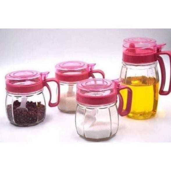Bộ gia vị hồng 5 cái gồm 3 hũ gia vị 2 chai chiết dầu và nước mắm