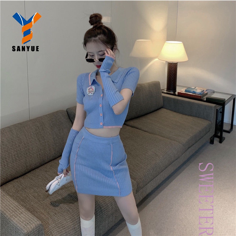 Bộ áo sweater dệt kim cổ polo + chân váy eo cao thời trang mùa thu quyến rũ cho nữ 2021