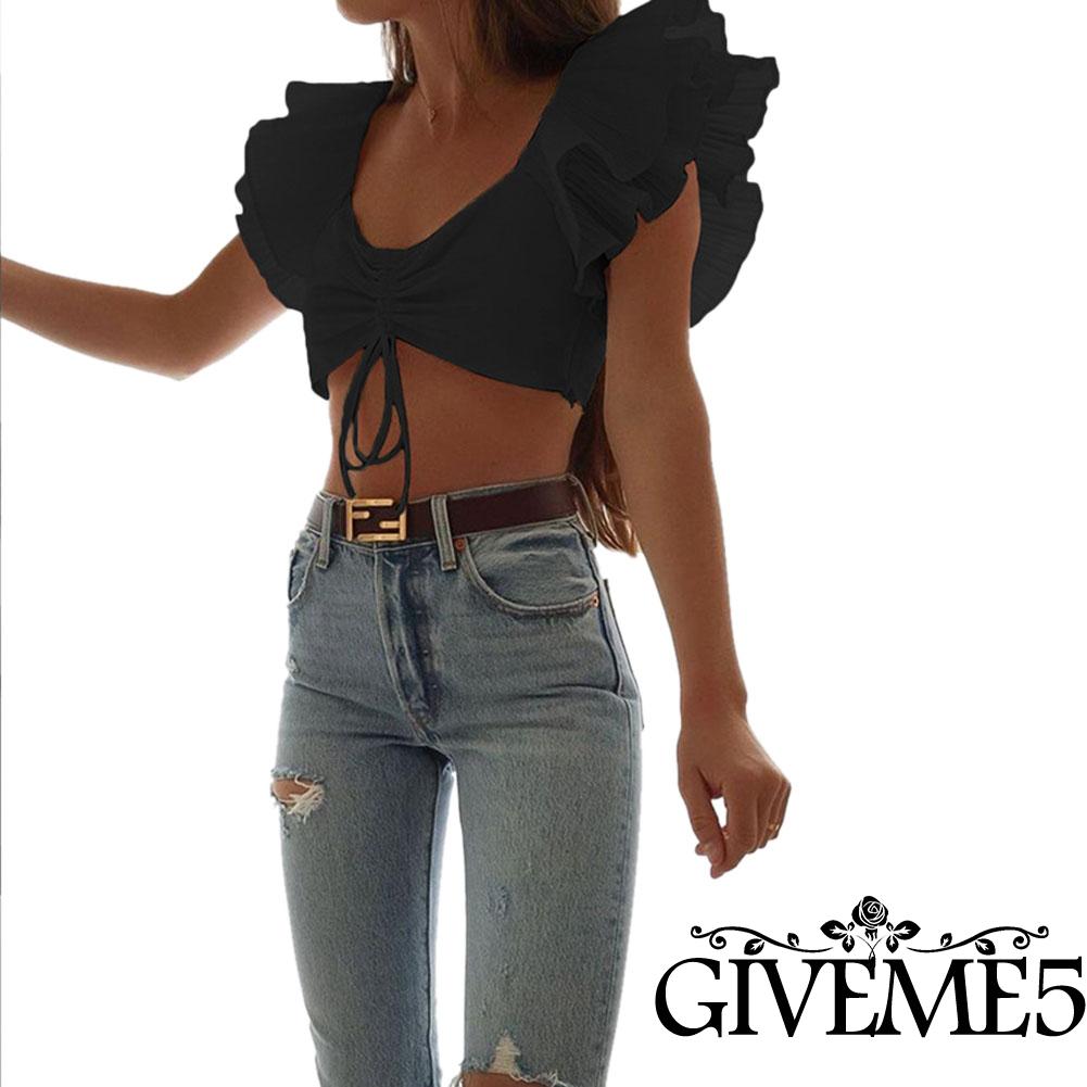 Áo Crop Top Cổ Chữ V Có Dây Rút