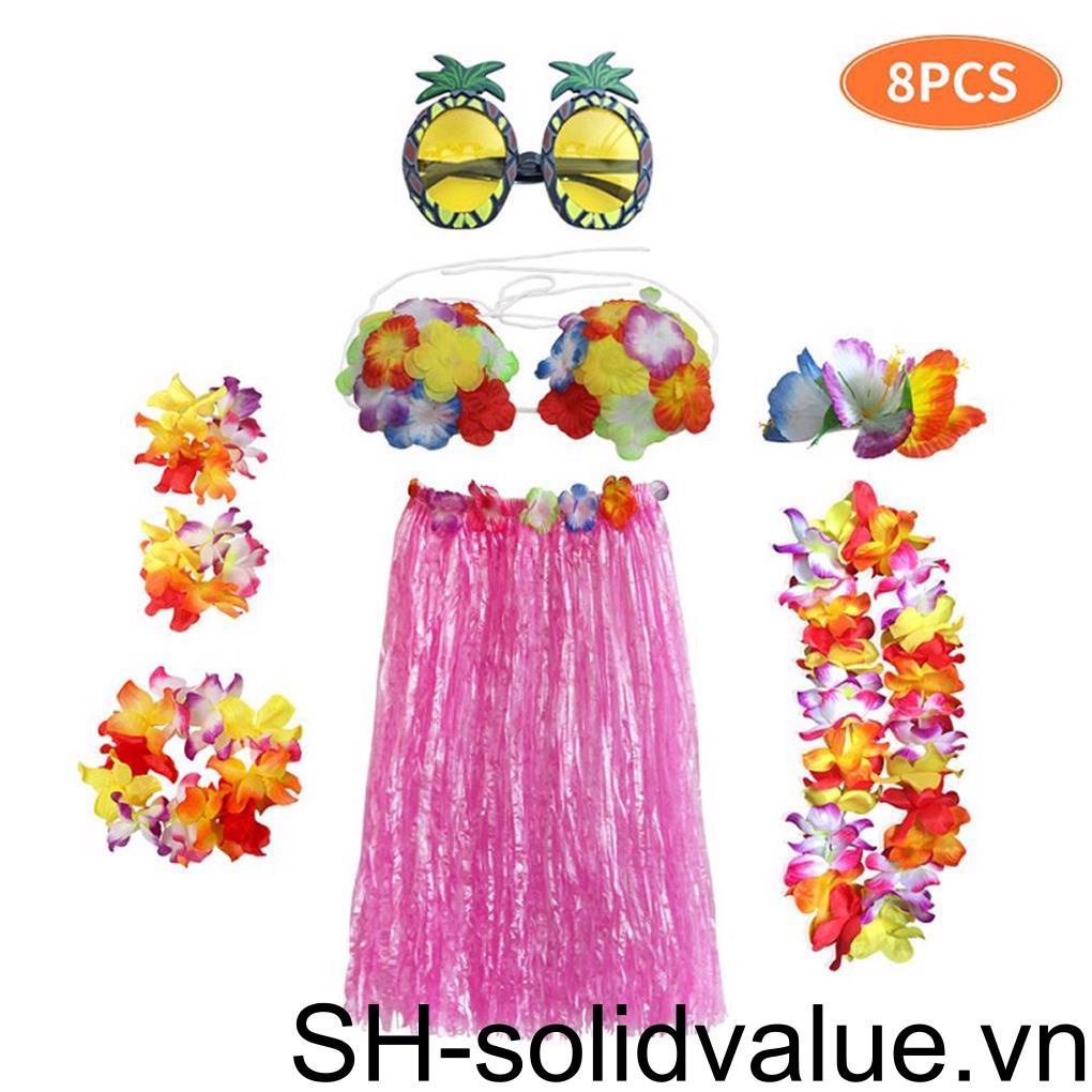 Set 8 Chân Váy Tua Rua Phong Cách Hawaii Kèm Kính Mát Cho Người Lớn Và Trẻ Em