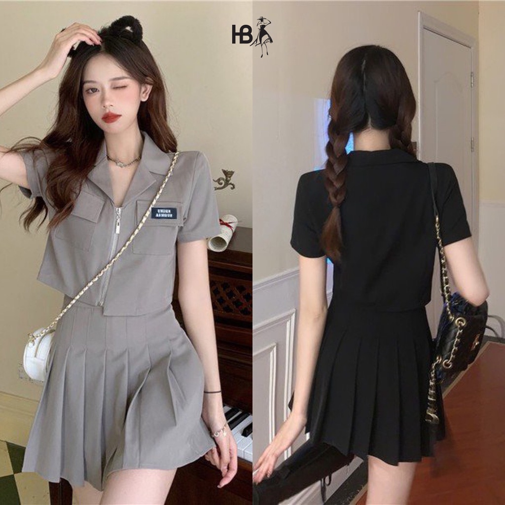 Set áo croptop kèm chân váy xếp ly HB thiết kế năng động thể thao S066