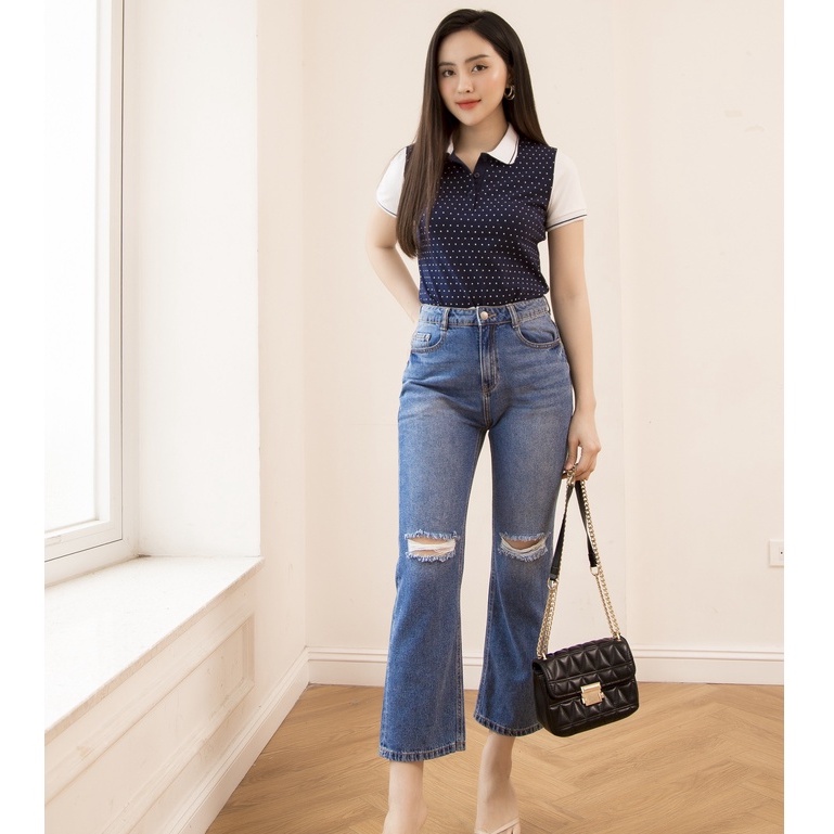 Quần Jeans Nữ Dáng Dài Ống Vảy Rách Gối Genviet Jeans Loe Nhẹ Cạp Cao XQ124J1298