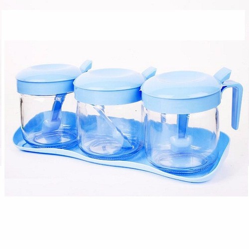 [ TẶNG MUỖNG ] BỘ 3 HŨ THỦY TINH ĐỰNG GIA VỊ KÈM KHAY