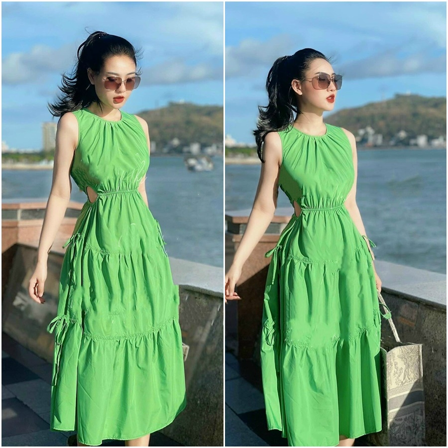 Đầm maxi xanh lá dáng dài đi biển tiểu thư màu sắc rực rỡ