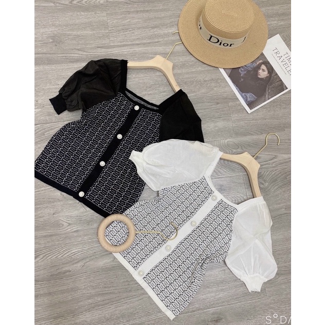 Áo len tay pha cổ vuông chất đẹp, Áo kiểu cổ vuông vai bồng AL7524 - NhiNhiShop