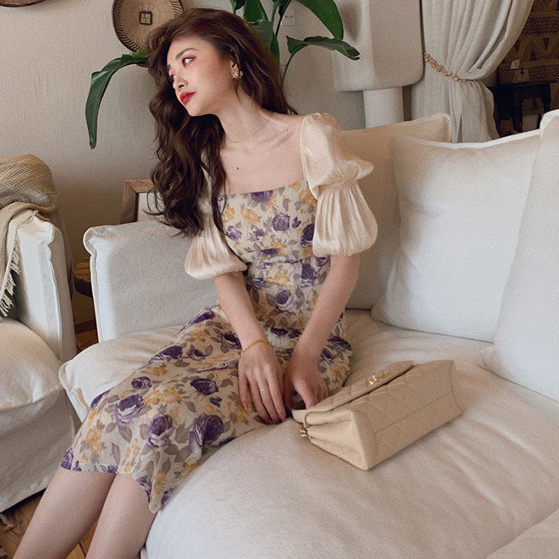 Đầm chữ A tay phồng dáng ôm in hoa thời trang cổ điển cho nữ