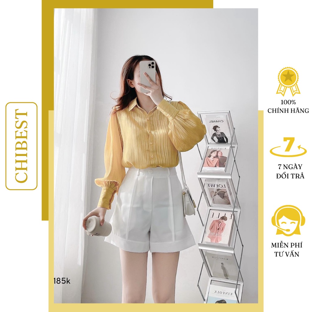 Set áo somi sứa tay bo phồng phối quần short trắng CHIBEST DSB41