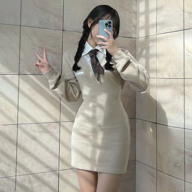Jiashucheng Đầm Sơ Mi Thắt Eo Phong Cách Preppy Mỹ Cổ Điển Hot Girl
