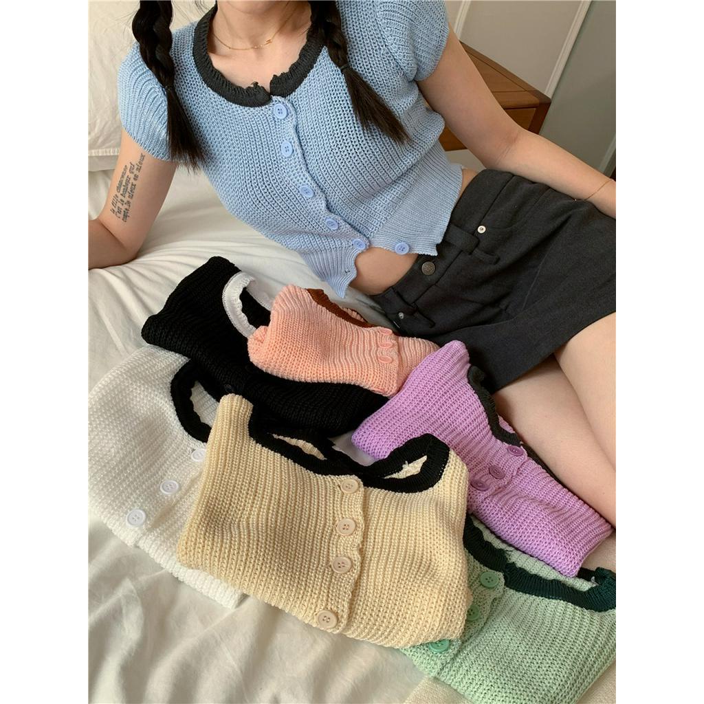 Áo Cardigan Dệt Kim Ngắn Tay Thiết Kế Màu Sắc Tương Phản 61824
