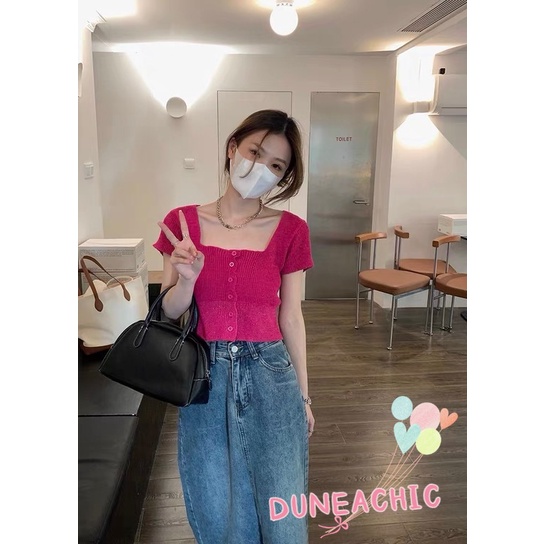 DUNEA Áo Dệt Kim Nữ Cổ Vuông Cài Nút Màu Trơn