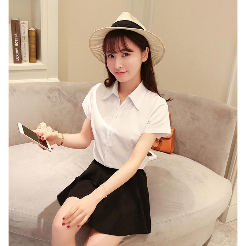 Áo sơ-mi màu trơn cổ chữ V chất cotton mềm mại trẻ trung cho nữ