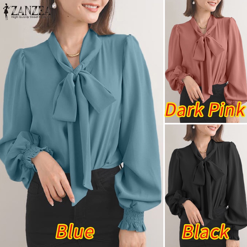 Áo ZANZEA tay dài cổ buộc nơ màu trơn phong cách Hàn Quốc thanh lịch dành cho nữ