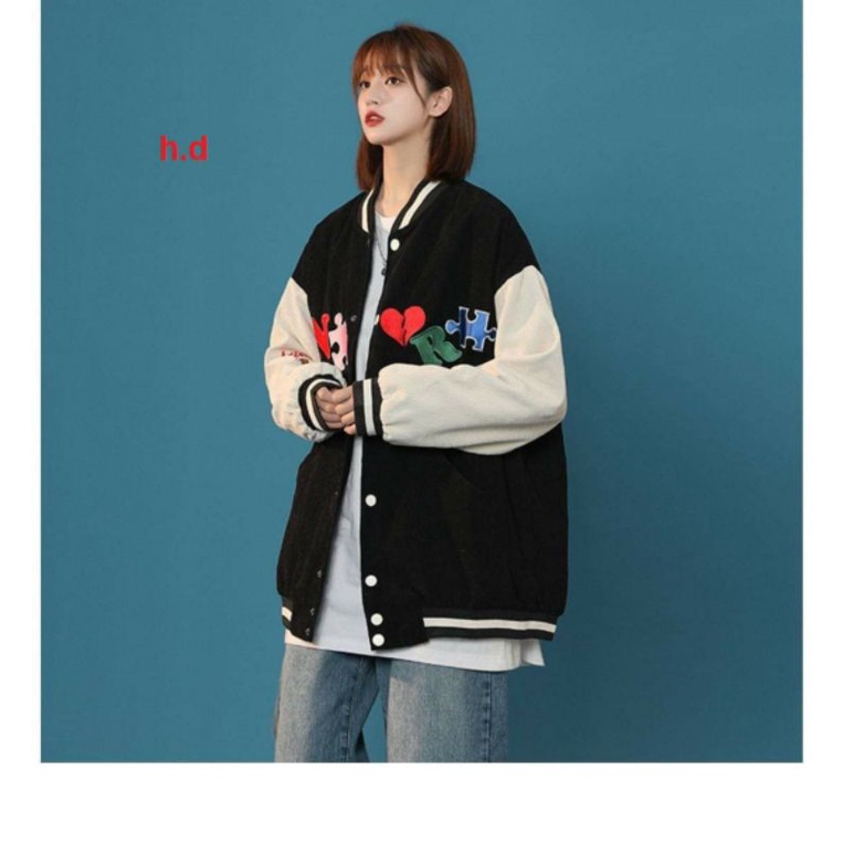 Áo Khoác Bomber Ns Tim đỏ cúc bấm nam nữJacket Unisex Chất nỉ vs gió Form &lt;55kgÁo Bóng Chày Phong cách Thể thao