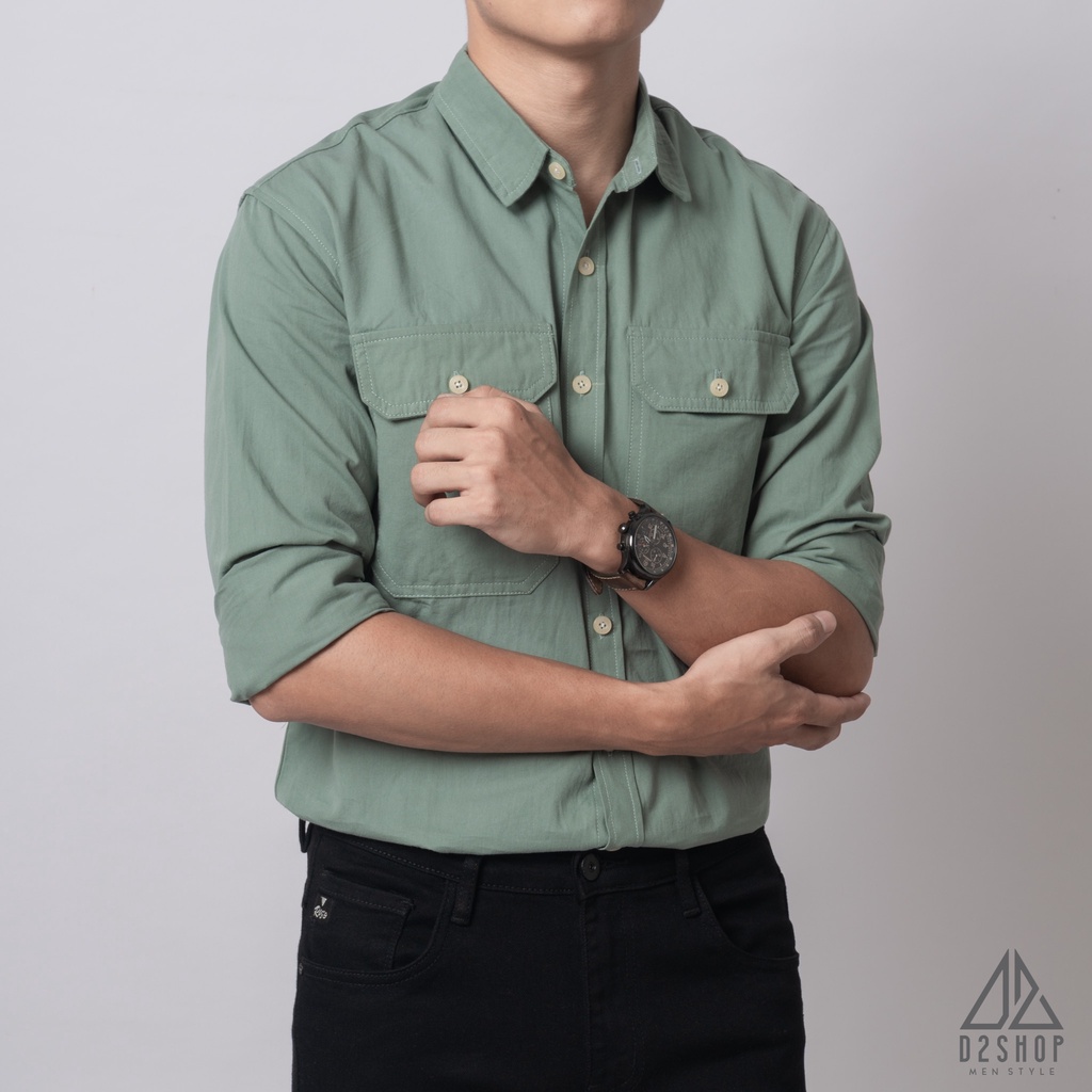 Áo sơ mi D2shop, áo sơ mi nam dài tay vải kaki túi hộp, màu xanh