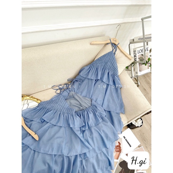 Váy maxi yếm tơ tầng xanh Xoài non.