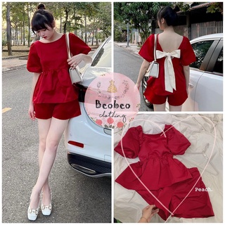 [Ảnh thật] Set áo babydoll đỏ tay phồng nơ lưng kèm quần short dễ thương