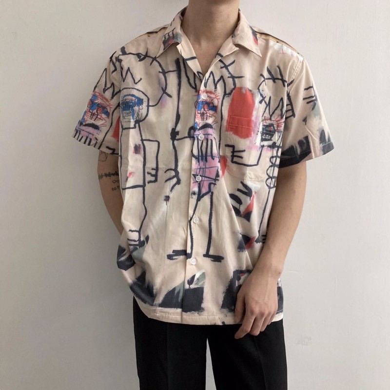 Áo sơ mi unisex màu be hoạ tiết nét vẽ hoạt hình (ảnh thật)