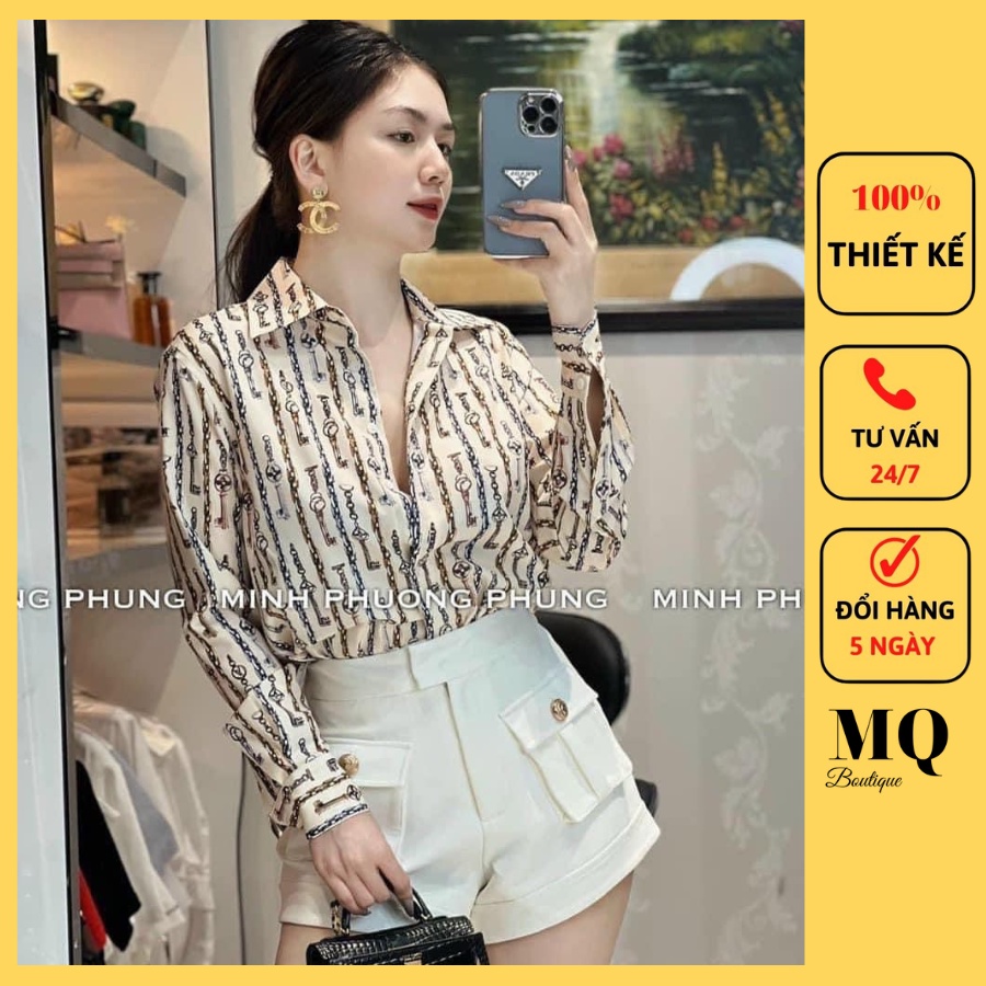 Áo sơ mi nữ lụa dài tay cao cấp công sở họa tiết chìa khóa dáng cơ bản thanh lịch, áo sơ mi thiết kế MQ Boutique