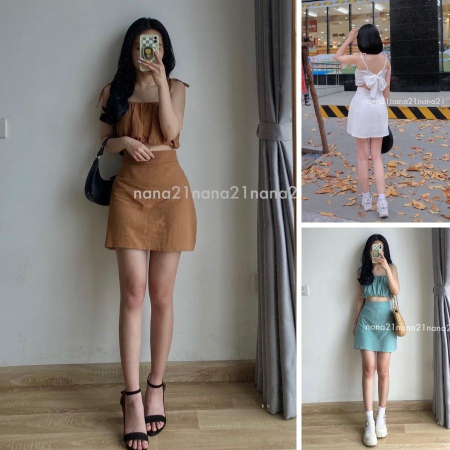 Set áo hai dây nơ và váy , Sét 2 dây thắt nơ sau kèm chân váy ngắn 3 màu  cicidream