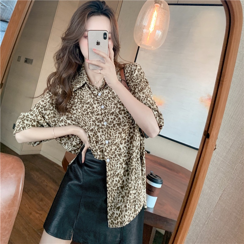 TT / Mùa thu Áo sơ mi họa tiết da báo rời Thời trang Hàn Quốc Phong cách Hồng Kông Áo sơ mi voan dài tay in lót