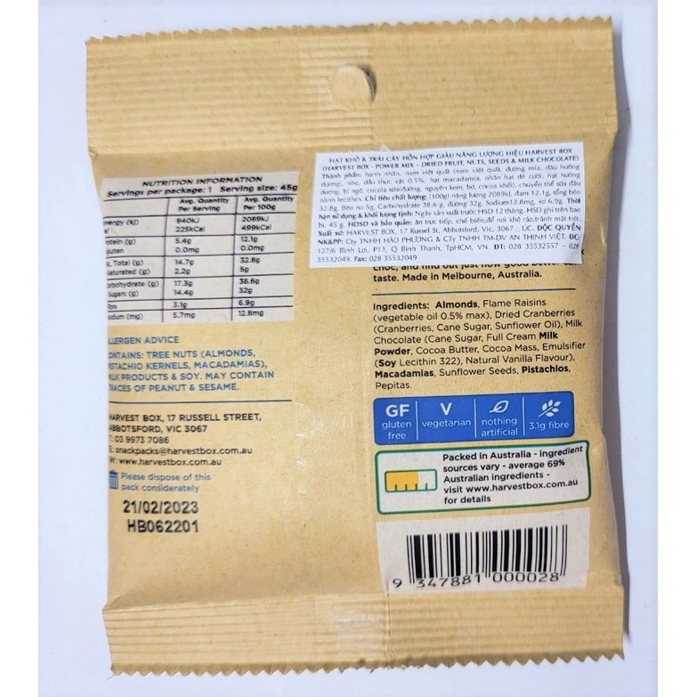 [Gói 45g – X. DƯƠNG] HẠT KHÔ TRÁI CÂY HỖN HỢP GIÀU NĂNG LƯỢNG [Australia] HARVEST BOX Power Mix Dried Fruit