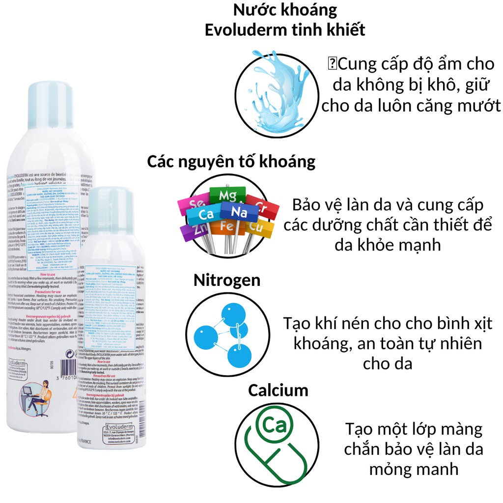 Xịt khoáng dưỡng ẩm dưỡng da Evoluderm Atomiseur Eau Pure cấp nước làm dịu da 150ml 400ml XK03