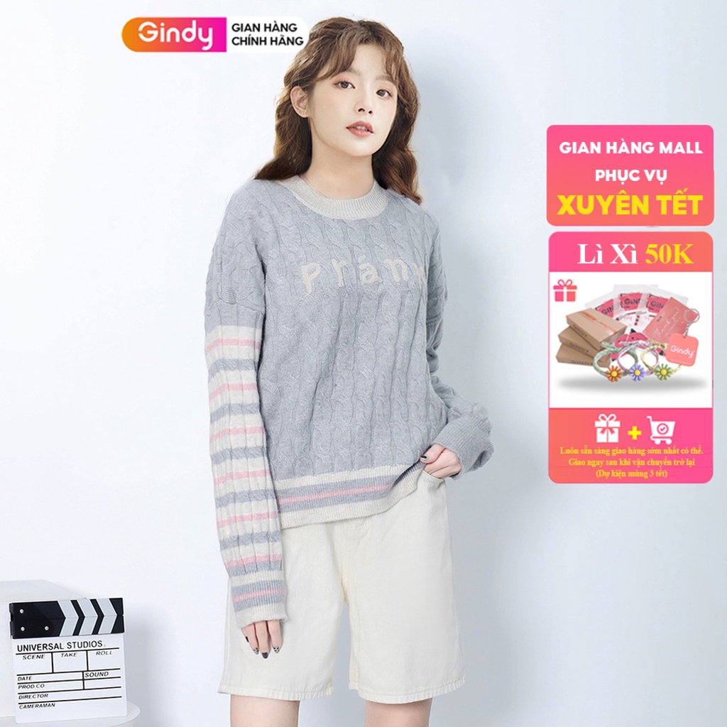 Áo len nữ cổ tròn phối tay kẻ ngang vải dày dặn GINDY thời trang ulzzang hàn quốc thời trang thu đông có 4 màu AMN001