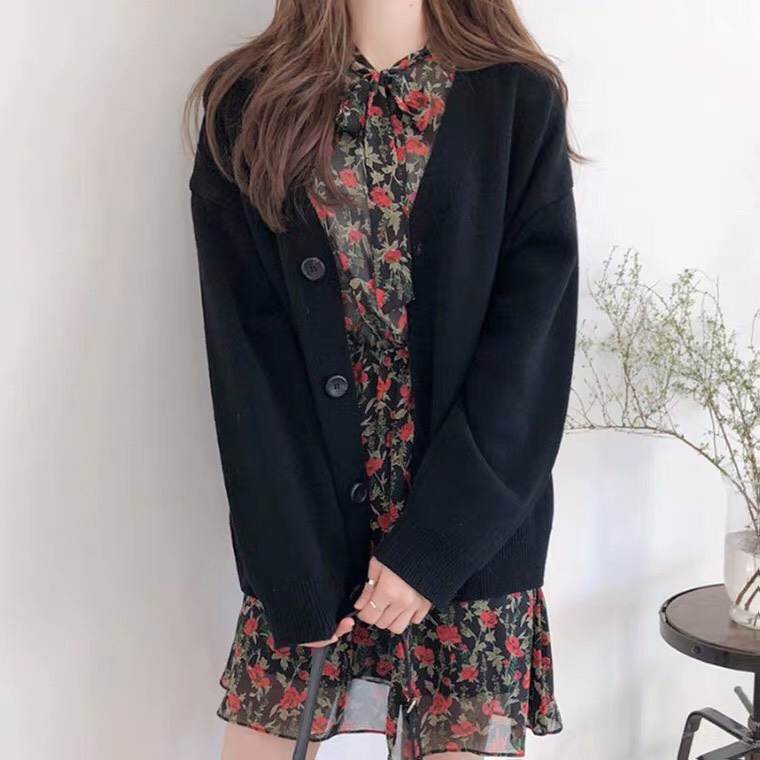 Áo khoác cardigan len nữ dày dài áo khoác màu đen nâu kaki xám ulzzang vintage Hàn Quốc mùa đông 2021 AC8