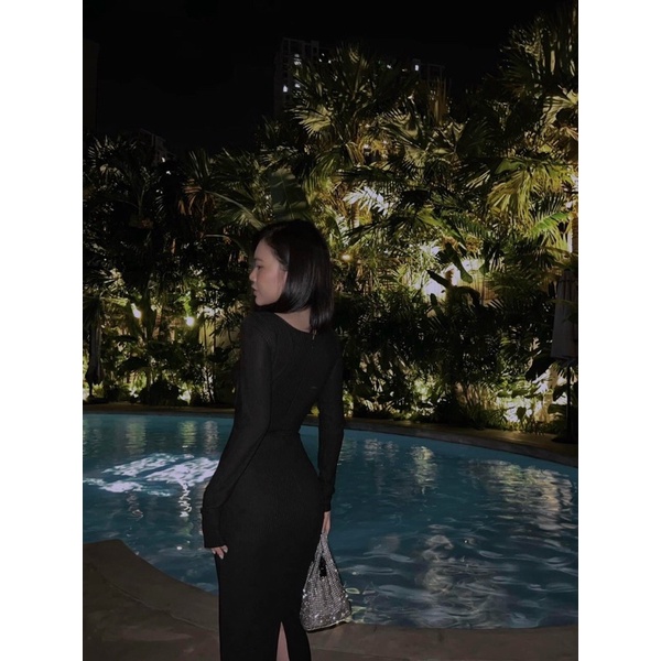 Đầm midi ôm body cúp ngực khoen cutout eo màu đen/xanh NÀNG CLOSET